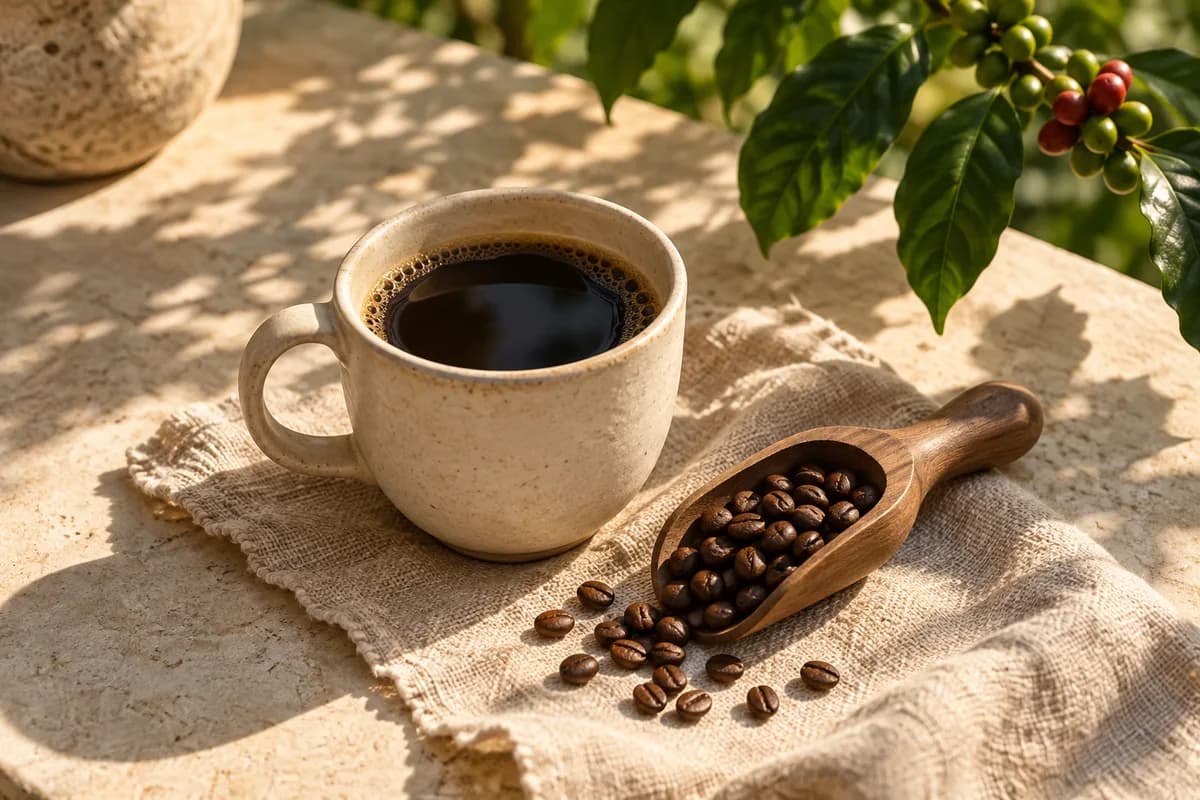 A ceramic coffee cup on natural linen with roasted beans and a coffee branch.
